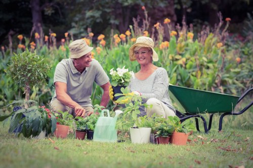 Gardener assessing a garden with tools